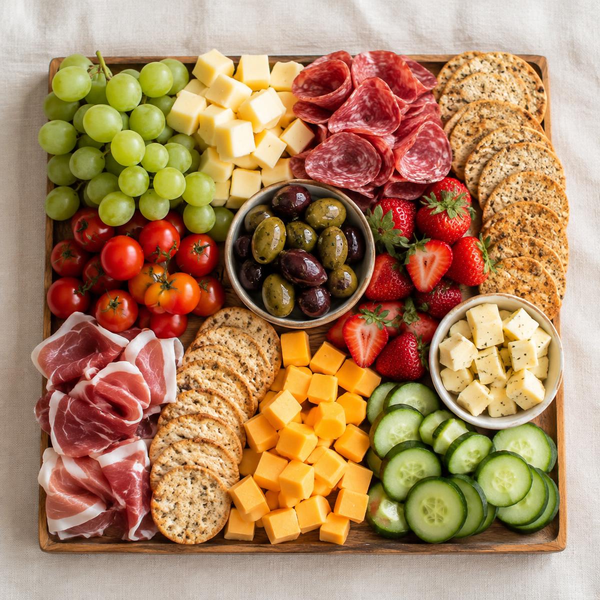Square charcuterie board with cubed cheese, salami and vegetables
