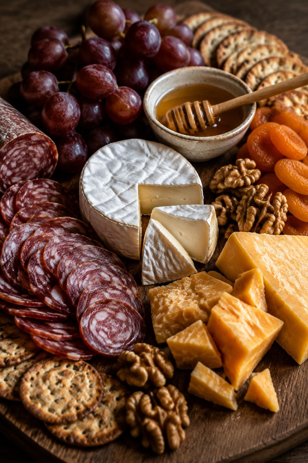 Close-up of brie, aged cheddar, salami and honey