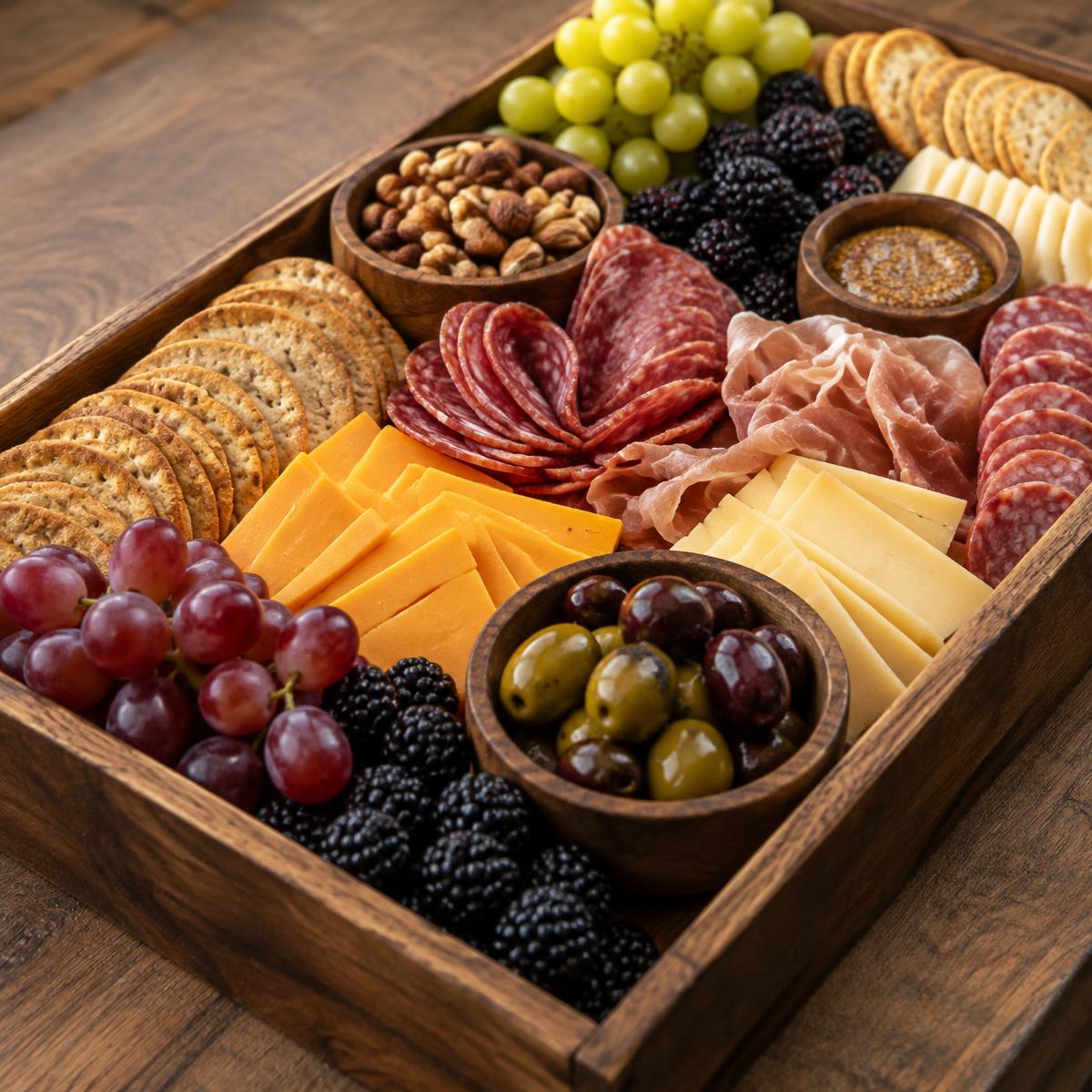 Wooden charcuterie box with cheddar, salami and olives