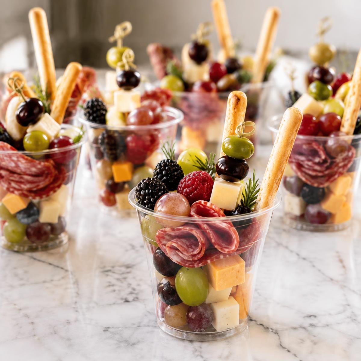 Individual charcuterie cups with cheese, salami, grapes and berries