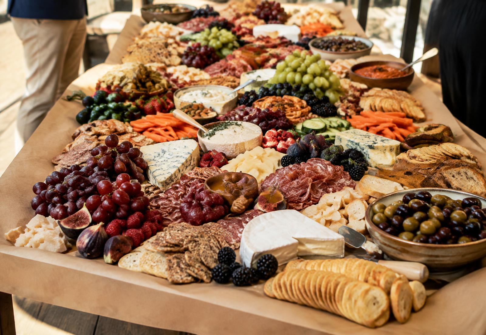 Grazing table spread with cheeses, meats, breads and fruit